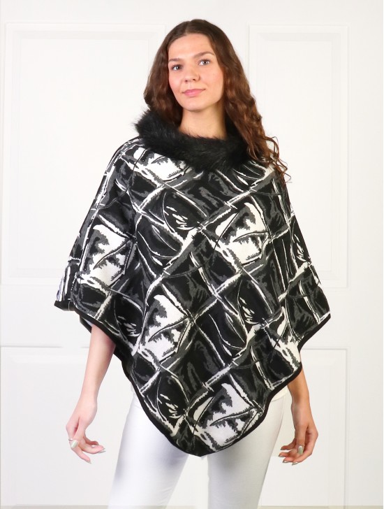 Black & White Abstract Plaid Poncho W/ Fur Collar